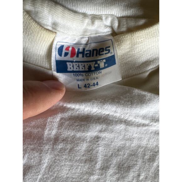 VTG Stephen Rosser L USA Made Single Stitched Hanes Beefy White Cutoff Sleeves - Picture 2 of 6